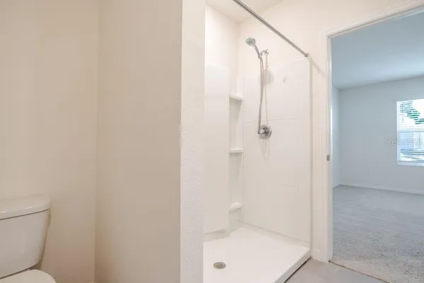 a bathroom with a shower and toilet