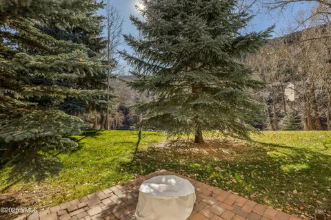 a backyard of a house with a yard and large trees