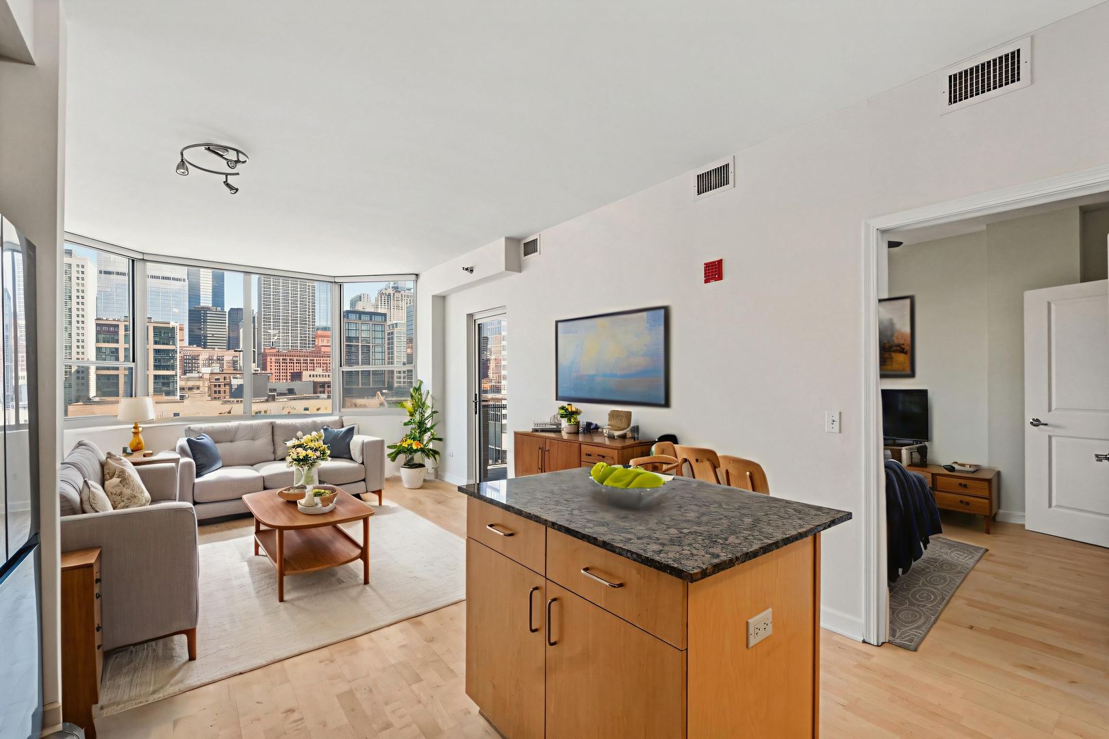 720 West Randolph Street, Unit 905 Chicago, IL 60661 - Photo 6 of 30 a kitchen with a stove and a living room