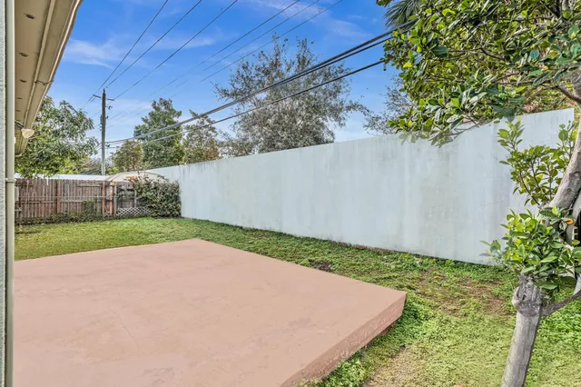 a view of a yard with an tree and wooden fence