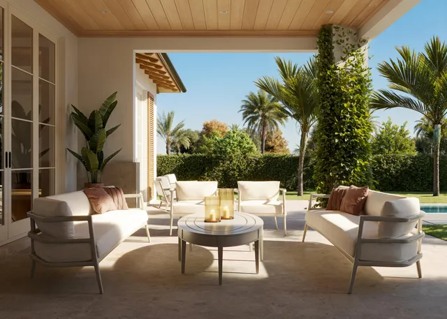 a building outdoor space with patio furniture