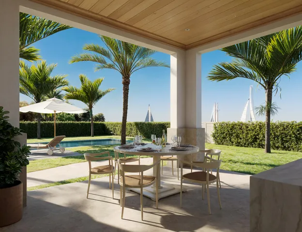 a view of a swimming pool with a lawn chairs under an umbrella