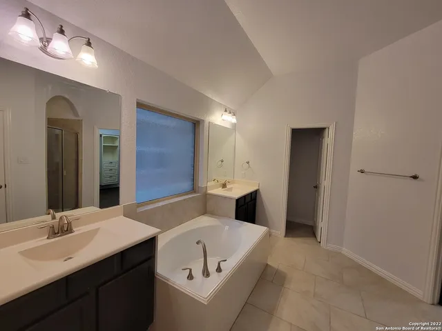 a bathroom with a tub sink and mirror