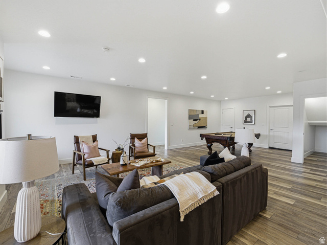 402 Shadow Hill Road Wanship, UT 84017 - Photo 49 of 90 Living room featuring light wood-type flooring, pool table, and recessed lighting