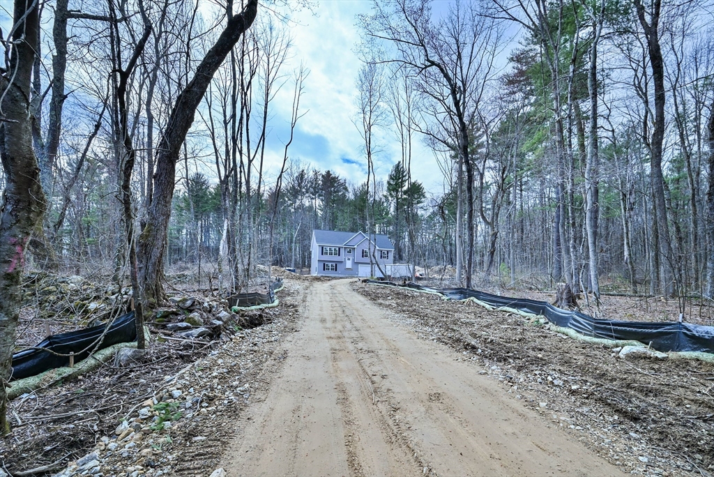 a backyard of a house with large trees and wooden fence