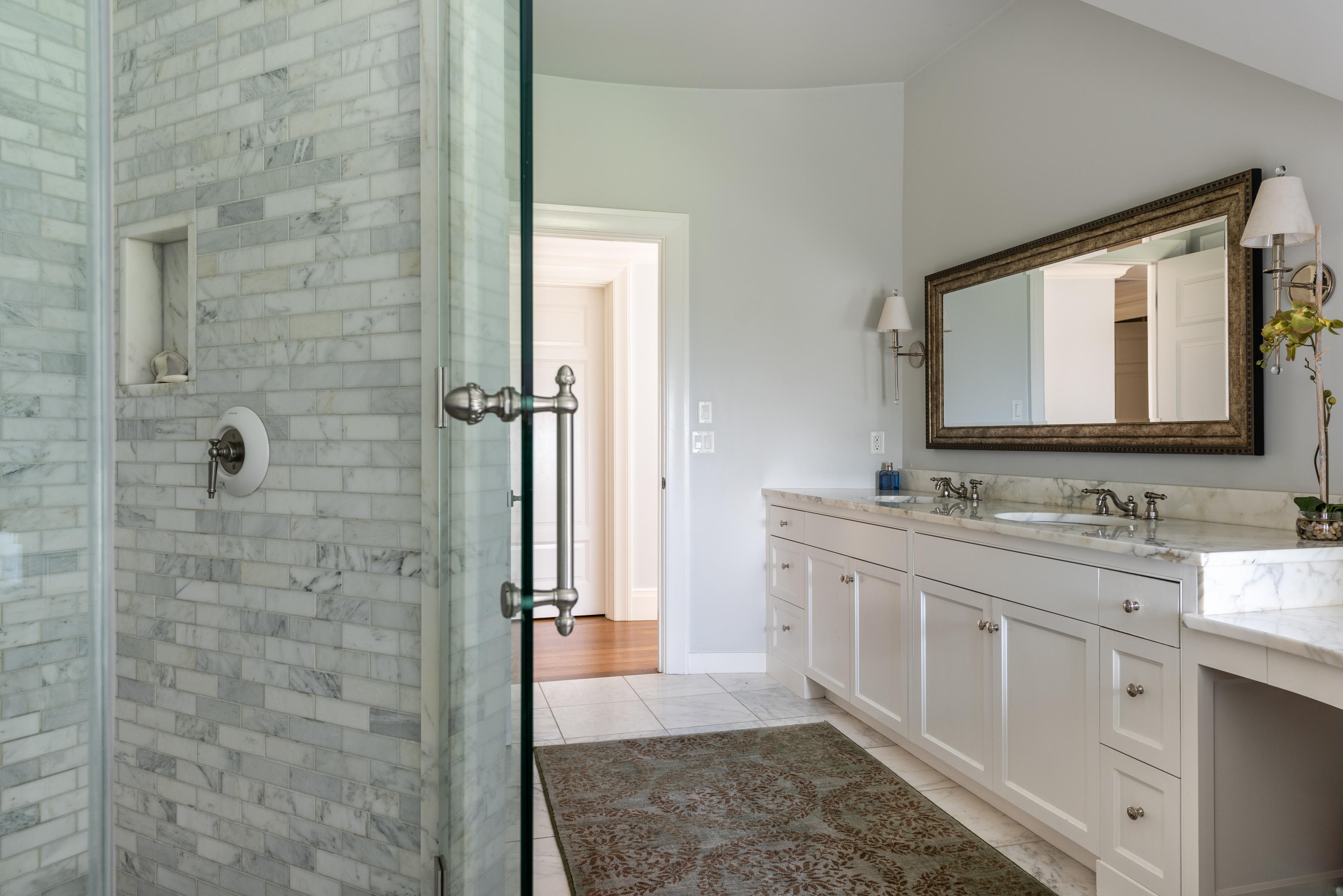 85 Salten Point Road Barnstable, MA 02630 - Photo 25 of 34 a bathroom with a granite countertop sink a mirror and a shower