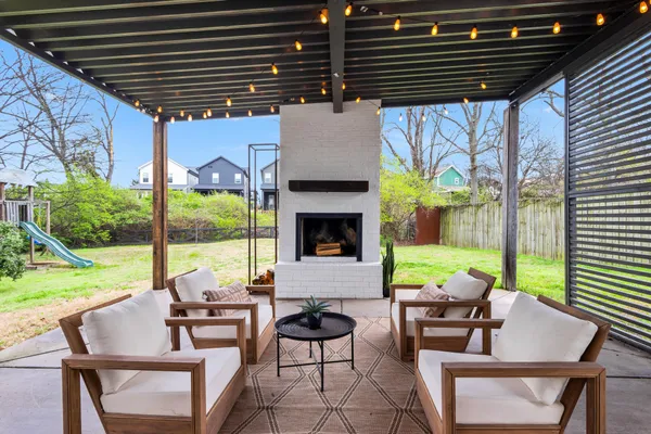 a building outdoor space with patio furniture