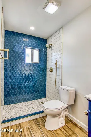 a bathroom with a toilet and a shower