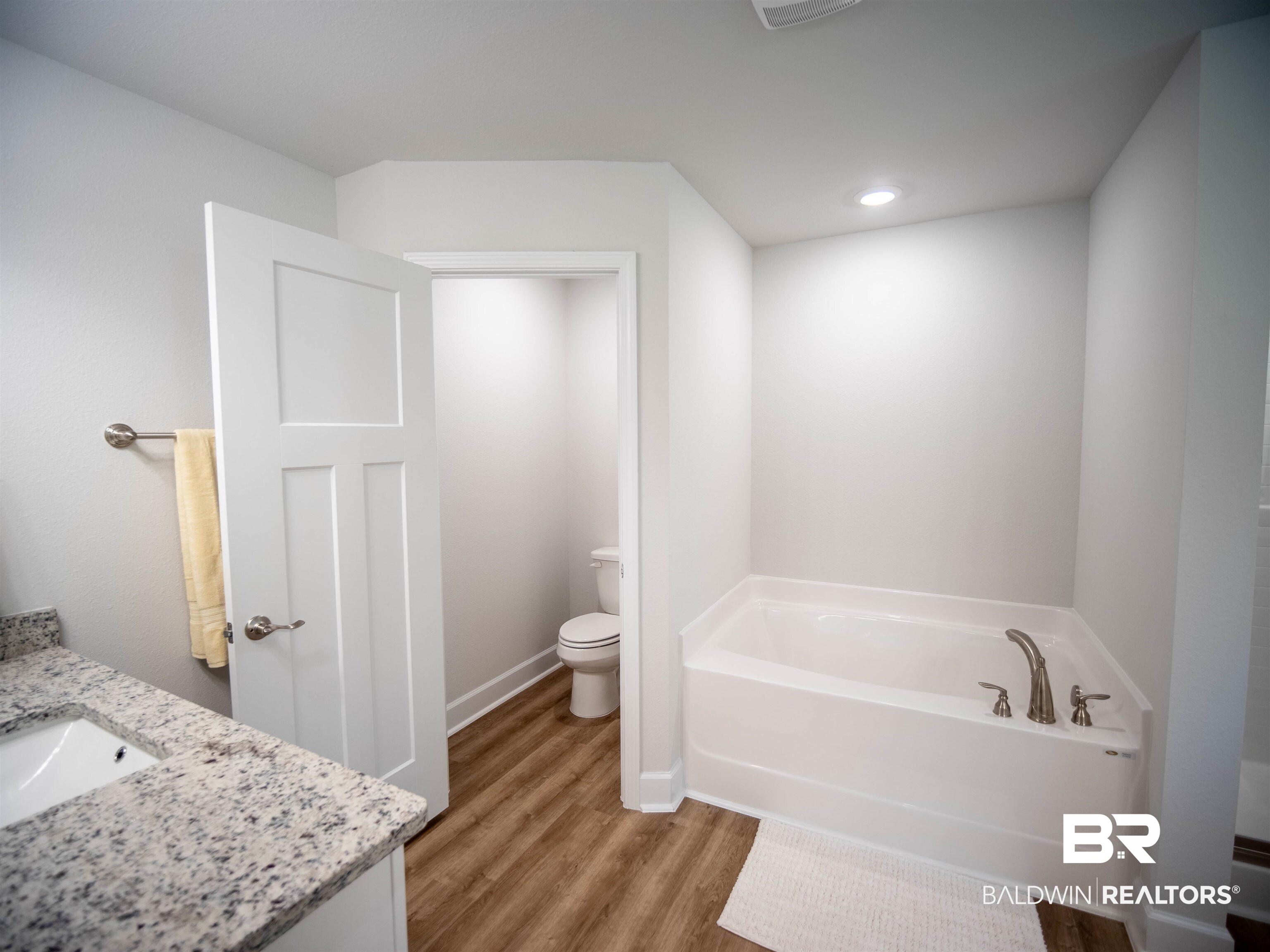 12646 Michigan Avenue Elberta, AL 36530 - Photo 22 of 47 Full bathroom featuring a garden tub, vanity, wood finished floors, and recessed lighting