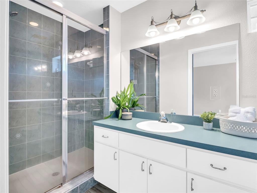 640 Kenneth Way Tarpon Springs, FL 34689 - Photo 44 of 84 a bathroom with a granite countertop sink a mirror and a shower