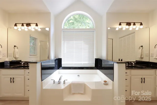 a bathroom with a granite countertop sink a large mirror and a bathtub