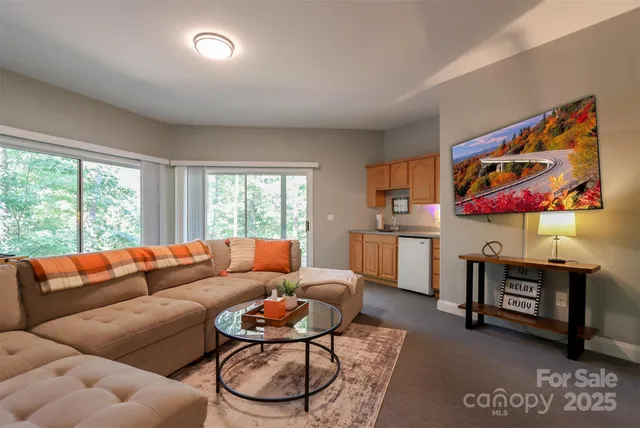 a living room with furniture a rug and a window