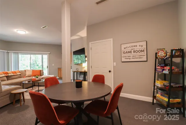 a view of a dining room with furniture window and outside view