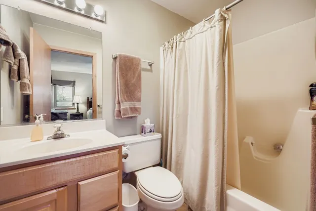 a bathroom with a sink a toilet a mirror and shower curtain