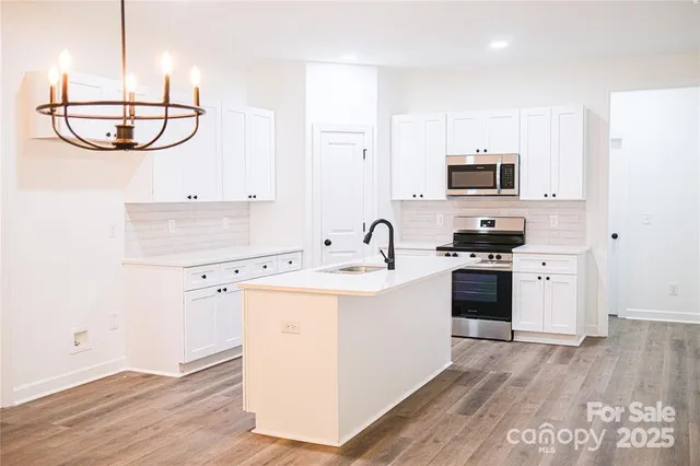 a kitchen with appliances a sink and cabinets