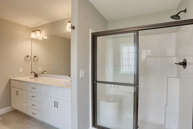a bathroom with a double vanity sink mirror and shower