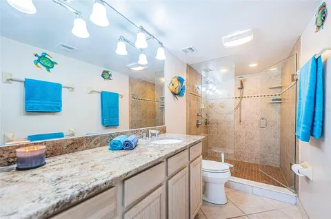 a bathroom with a granite countertop sink a toilet a mirror a vanity and shower