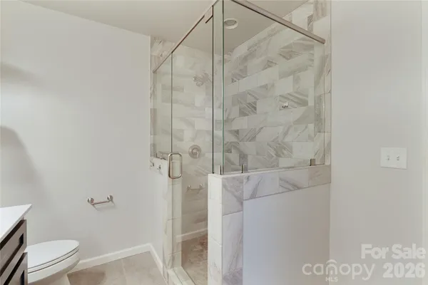 a bathroom with a shower and toilet