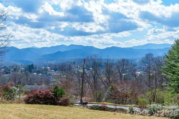 a view of a yard with mountains