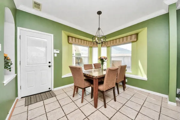 a view of a dining room with furniture window and outside view