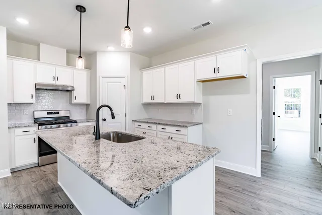 a kitchen with granite countertop a sink a counter space appliances and cabinets