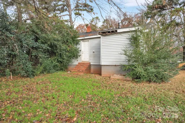 a backyard of a house with plants and large tree
