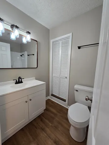 a bathroom with a toilet a sink a mirror and vanity