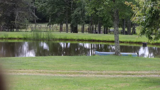 a backyard of a house with lots of green space and lake view
