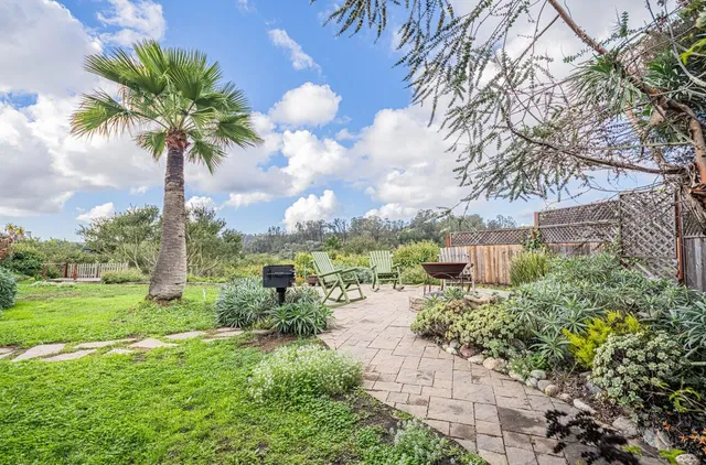 a view of a garden with a fountain