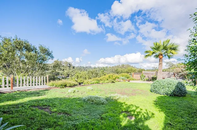 a view of a garden with an ocean view