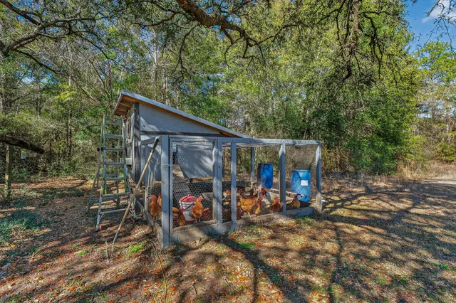 a view of a outdoor space with patio and trees