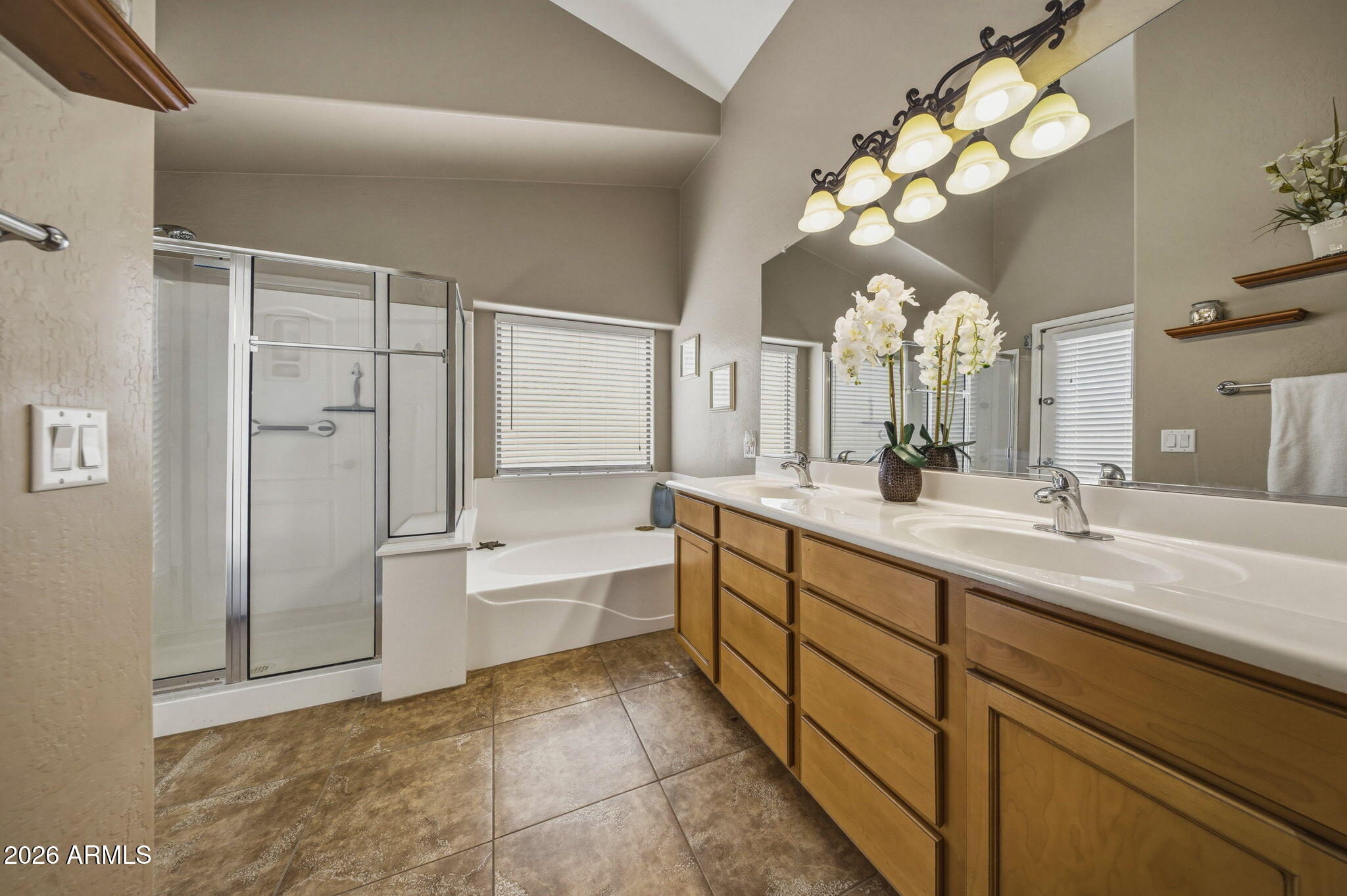 11 West Cooper Canyon Road San Tan Valley, AZ 85143 - Photo 15 of 31 a spacious bathroom with a granite countertop sink a mirror and a bathtub with shower