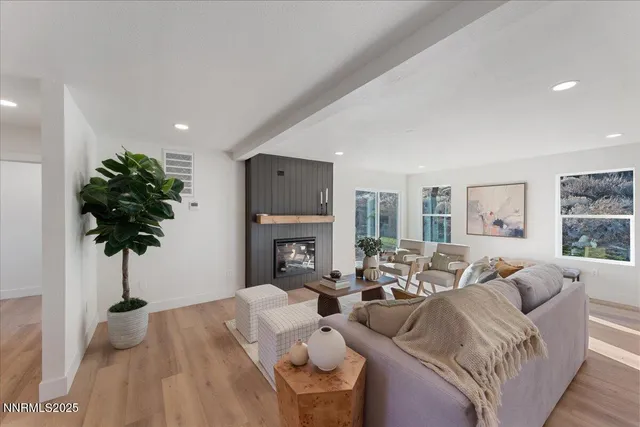a living room with furniture a fireplace and a potted plant