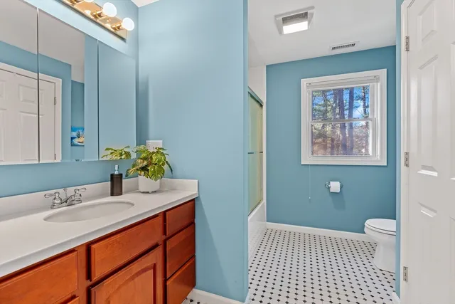 a bathroom with a sink a toilet a mirror and shower