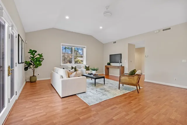 a living room with furniture and a potted plant