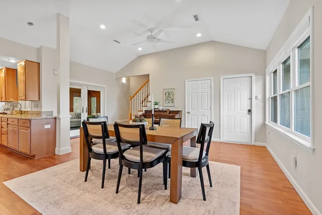 a view of a a dining room with furniture