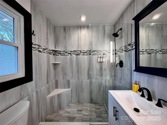 a bathroom with a sink a toilet and shower