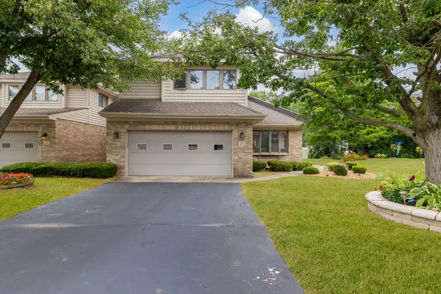 a view of a house with a yard and large tree