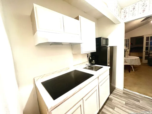 a kitchen with a refrigerator and a sink
