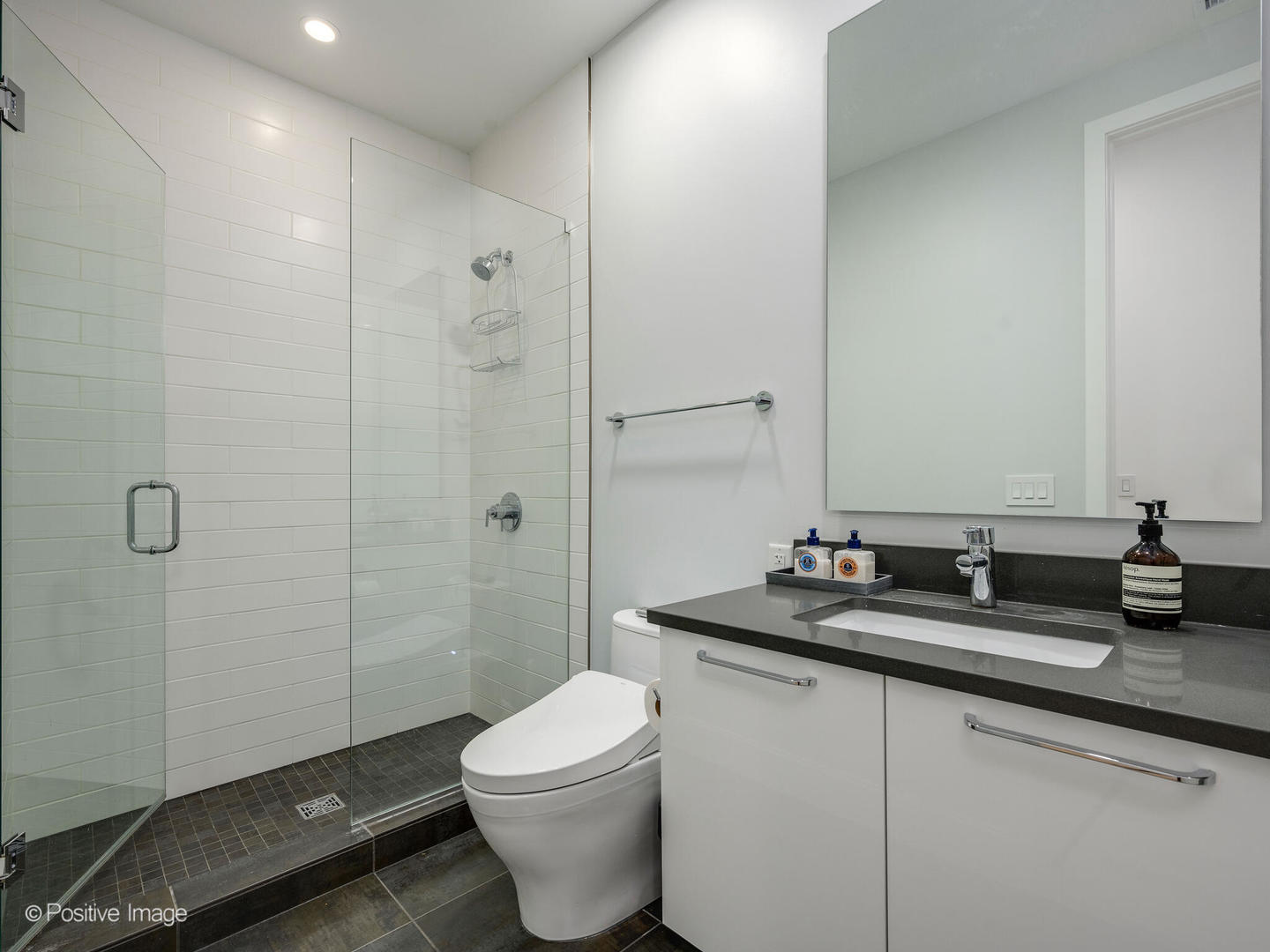 39 North Aberdeen Street, Unit 4S Chicago, IL 60607 - Photo 22 of 25 a bathroom with a granite countertop sink a toilet and shower