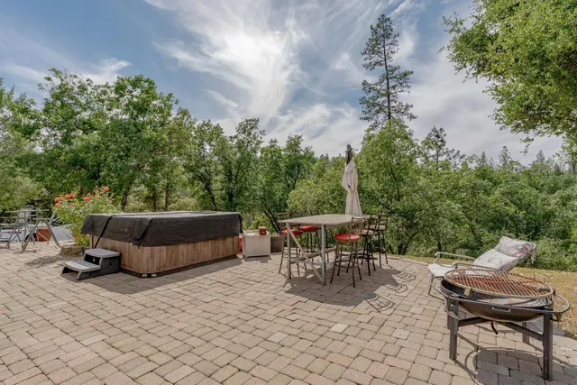 an outdoor space with seating