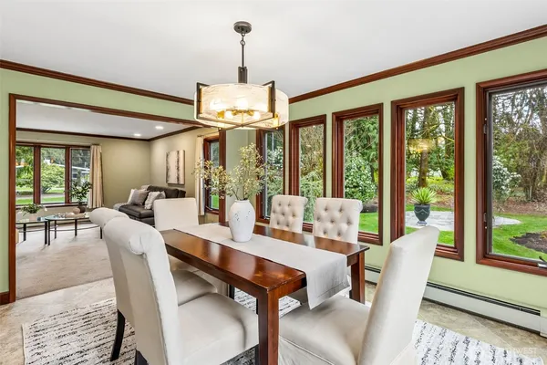 a view of a dining room with furniture window and outside view