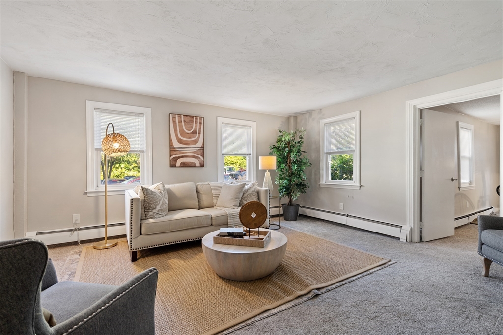 a living room with furniture and a potted plant