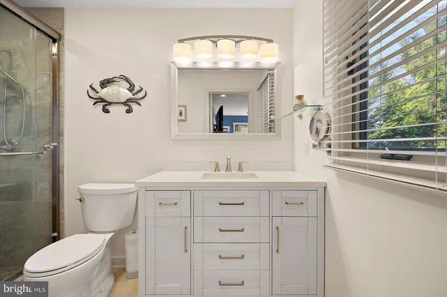 a bathroom with a granite countertop sink mirror vanity and toilet