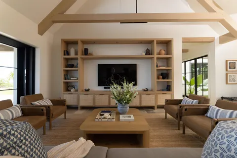 a living room with furniture potted plant and a fireplace