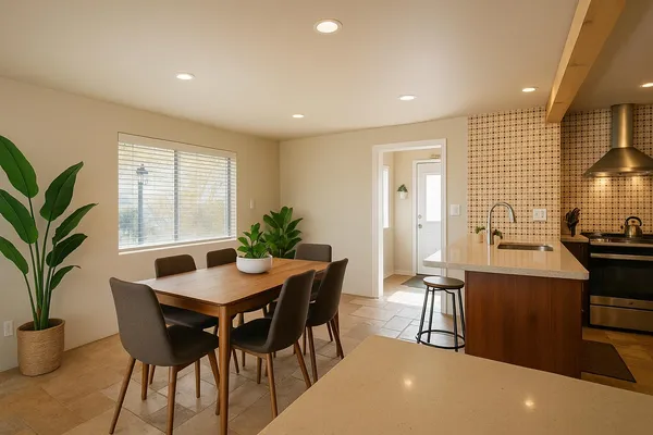 a view of a dining room with furniture and window