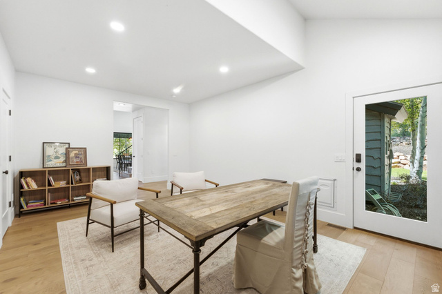 3027 Homestead Road Park City, UT 84098 - Photo 18 of 62 Bright interior space with wood-finish flooring, recessed lighting, and a vaulted ceiling