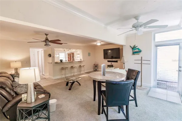 a view of a dining room with furniture