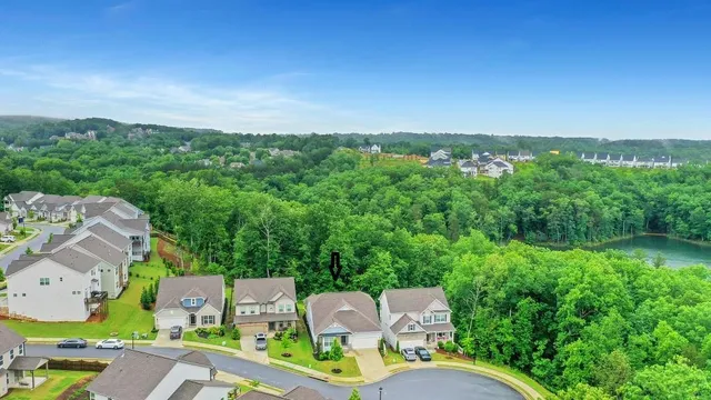 an aerial view of residential houses with outdoor space and trees