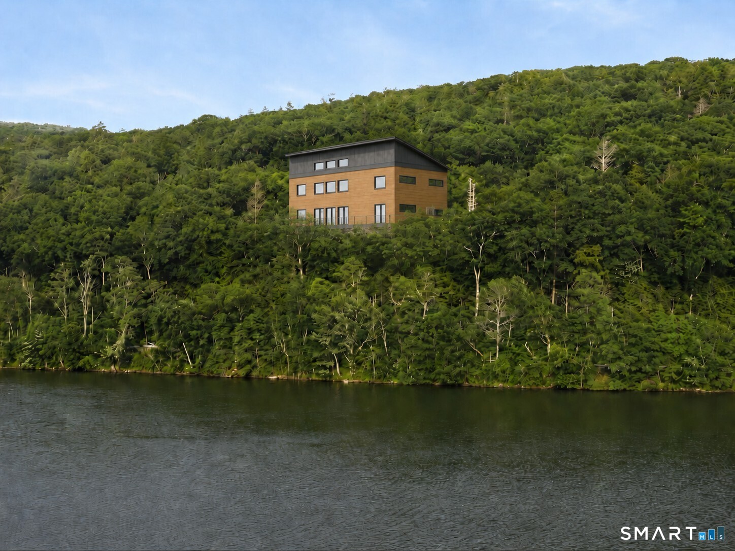 Photorealistic rendering of the proposed modular home, integrated into the hillside maximizing the lake views